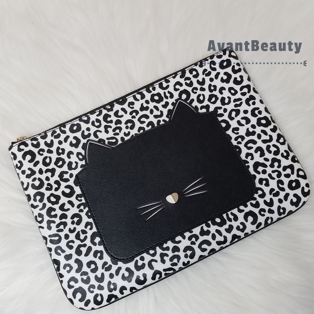 Kate Spade New York Authentic Large Zip Pouch Clutch Black White Leopard Cat